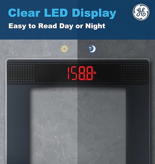 GE Bathroom Scale for Body Weight: Highly Accurate Digital Scale Weighing Machine with Clear Tempered Glass, 11.8" Large Platform, Compact Design, LED Display, 400 lbs, 4 Units, with Body Tape Measure