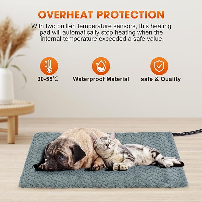 GASUR Pet Heating Pad, Waterproof Electric Dog Cat Heat Pad with Timer, Temperature Adjustable Heated Cat Bed for Winter, Auto Power-Off, Anti-bite Heated Pad for Dogs Cats -28''x16'', Medium