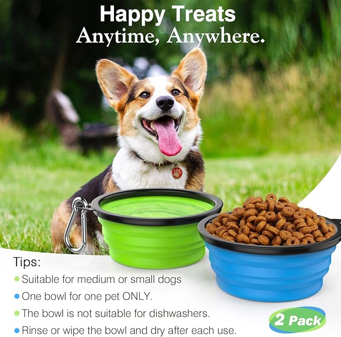 Pawaboo Collapsible Dog Bowls 2 Pack, Silicone Feeding Watering Bowls with Lids & Carabiners for Dogs Cats, Portable Water Feeder Food Bowl for Walking Traveling Home Use, 1000ml, Blue + Green