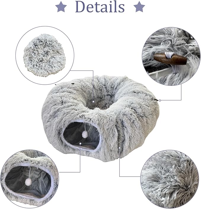 Collapsible Cat Tunnel Bed - Plush Multifunctional Pet Bed & Play Tunnel Toys with Hanging Balls & Peepholes for Indoor Kitty Kitten Puppy Rabbit Ferret