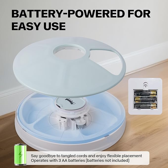 Pawise Automatic Cat Feeder, 6-Meal Programmable Pet Food Dispenser with Bird Chirp Sound Alert, Battery Operated, BPA-Free, Bonus Snack Ball Toy, for Cats & Small Dogs（Batteries Not Included