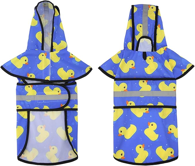 HDE Dog Raincoat Jacket Reflective Adjustable Hooded Pet Poncho Rain Coat with Leash Hole for Small to X-Large Dogs Rubber Ducks - L
