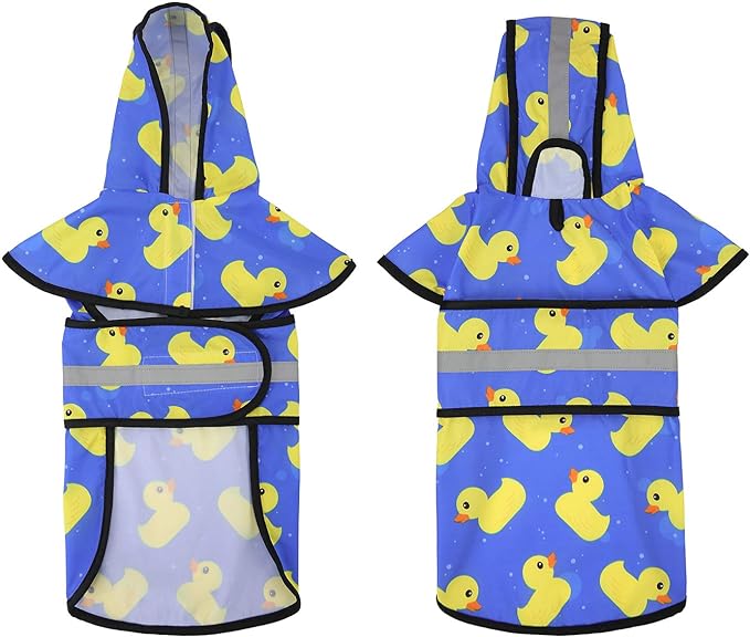 HDE Dog Raincoat Jacket Reflective Adjustable Hooded Pet Poncho Rain Coat with Leash Hole for Small to X-Large Dogs Rubber Ducks - S
