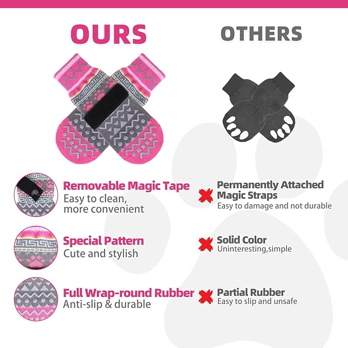 KOOLTAIL Dog Socks to Prevent Licking Paws for Hardwood Floors Anti Slip, Winter Warm Pet Boots&Paw Protector with Grippers, Double Sides Dog Shoes Booties for Small Medium Large Senior Dogs Pink L