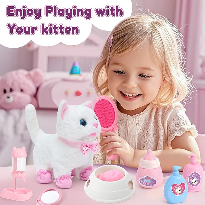 G.C Cat Toys for Kids Girls, Electronic Interactive Stuffed Cat Walk Meow and Wag Tail with Stroller Pet Care Accessories Toys Pretend Play Birthday Gifts for Toddlers Girls 3 4 5 6 7 8 Year Old