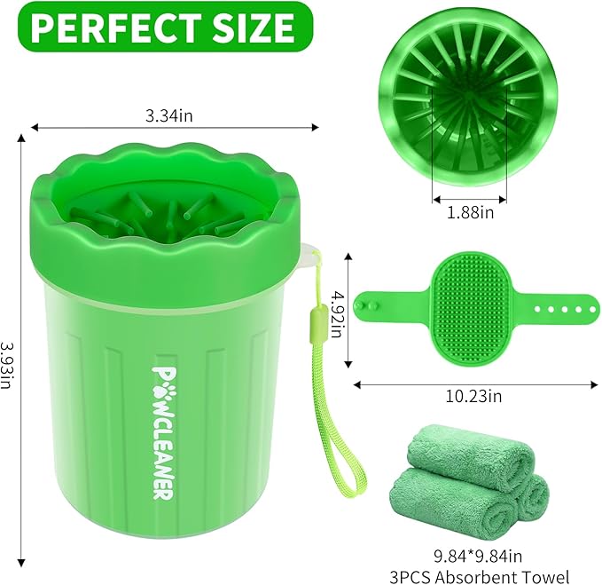 Comotech Portable Pet Paw Washer - Silicone Brush with 3 Absorbent Towels for Small Dog Breeds (Green)