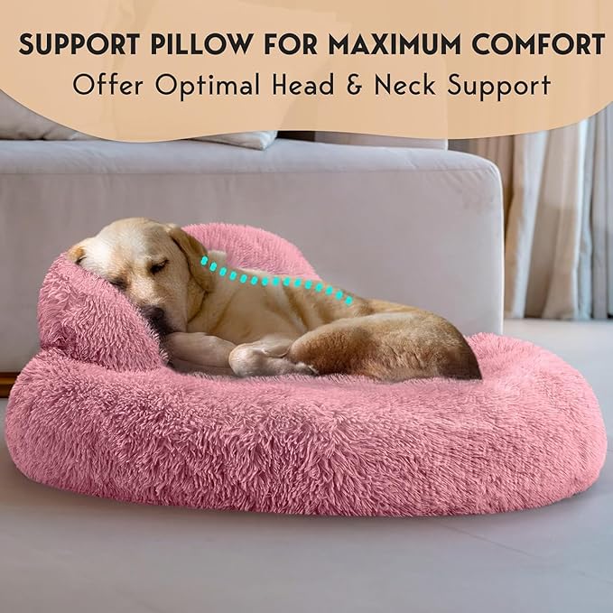 PetJett Calming Large Dog Bed - 36'' Donut Dog Beds, Anti-Slip & Washable Large Round Bed, Fluffy Faux Fur Pet Bed, Super Soft Anti-Anxiety Premium Comfort Bed, Fits Dogs up to 100 lbs - Pink