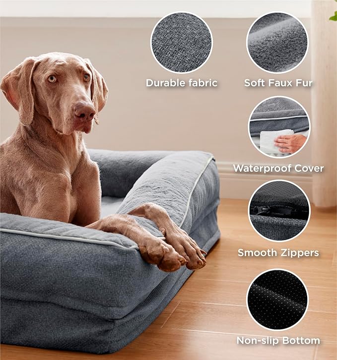 MADE 4 PETS Orthopedic Dog Bed for Large Dogs, Supportive Foam Big Large Pet Bed Sofa with Washable Removable Cover, Waterproof Dog Couch Bed, Non-Slip Bottom and Egg-Crate Foam, Grey