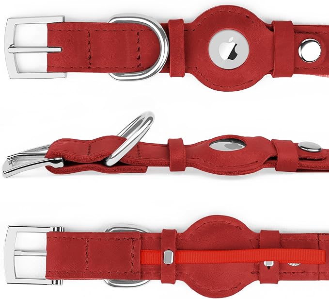 Leather Dog Collar with Airtag Holder - Apple AirTag Dog Collars - Soft Tracking Smart GPS Pet Collar for Small Medium Large Dogs Puppy (Red, XL, 19"-24" Neck Fit)