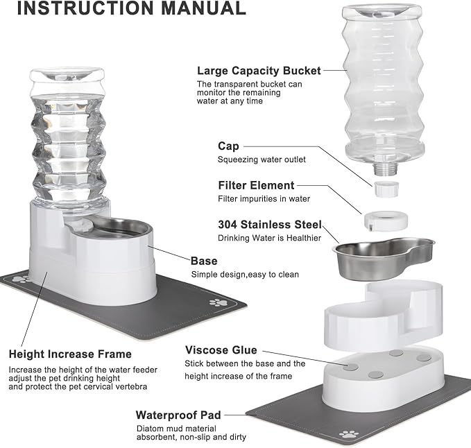 Sfozstra Large Dog Water Dispenser: 8L Automatic Stainless Steel White Water Feeder with Waterproof Pad - Raised Edge Water Dispenser for Dogs & Cats Easy Clean