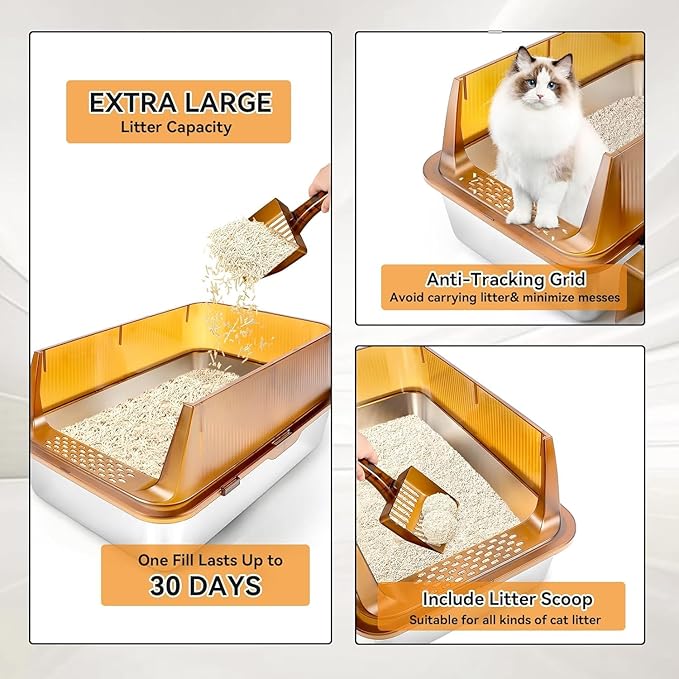 Stainless Steel Cat Litter Box, 23.6" x 15.7” x 11.8” Extra Large Semi Enclosed Litter Box for Big Cats High Sided Metal & Scoop Absorbs Odors, Anti-Urine Leakage, Non-Sticky & Easy Cleaning