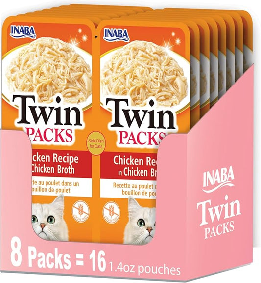 INABA Twin Packs for Cats, Side Dish/Topper Pouch, 1.4 Ounces per Serving, 16 Servings, Chicken Recipe in Chicken Broth