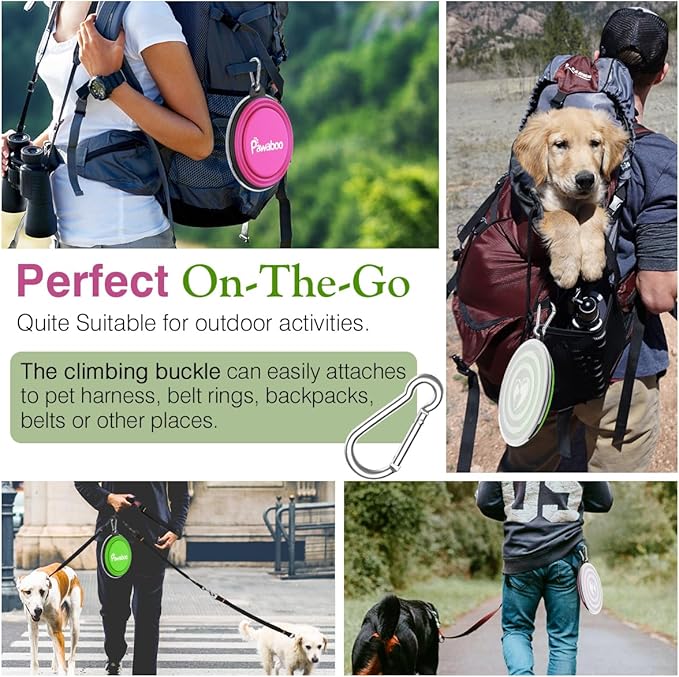 Pawaboo Collapsible Dog Bowls 2 Pack, Silicone Feeding Watering Bowls with Lids & Carabiners for Dogs Cats, Portable Water Feeder Food Bowl for Walking Traveling Home Use, Pink + Green