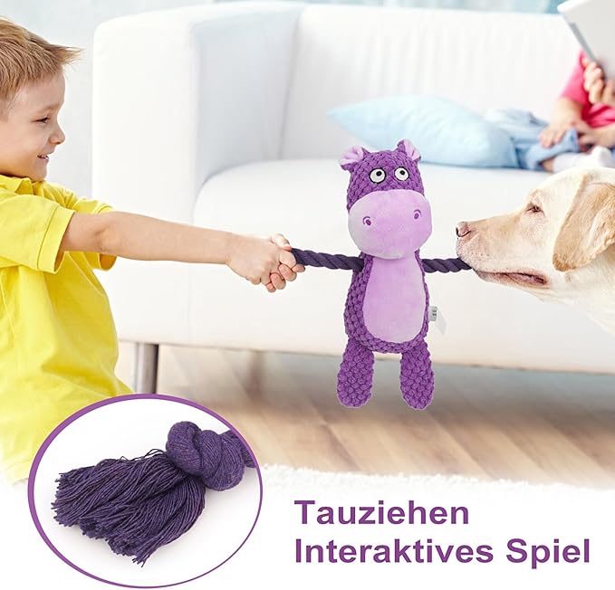 Dog Toys, Dog Squeaker Toys with Crinkle Paper, Stuffed Animal Dog Plush Chewing Toy, Cotton Rope Interactive Toys for Puppy, Small, Middle Dogs (Purple Hippo)