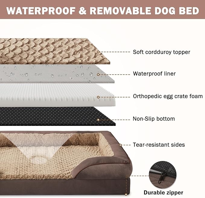 INVENHO Orthopedic Dog Bed for Large Dogs, Washable Waterproof, Egg-Crate Foam Dog Couch Bed with Washable Removable Cover, Waterproof Lining and Nonskid Bottom