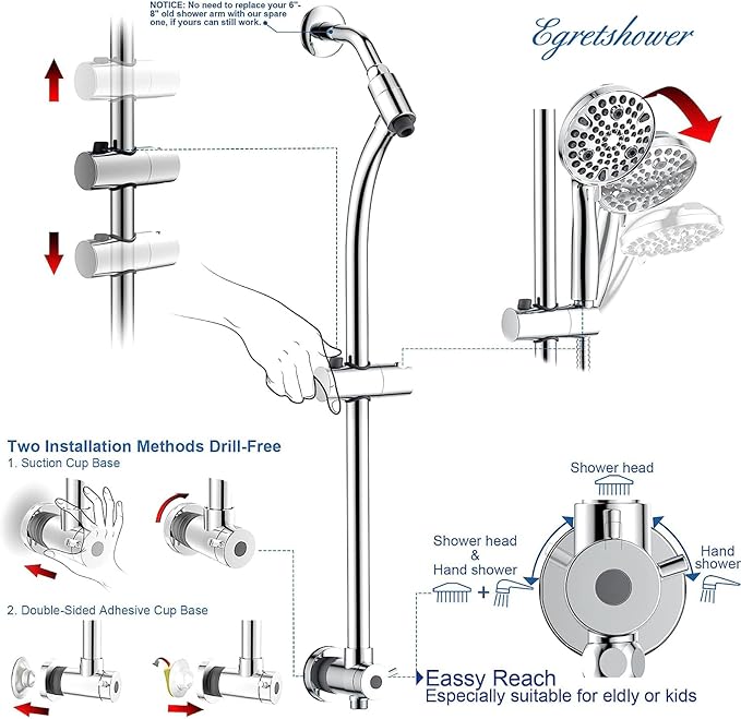 High Pressure Handheld/Rain 82-mode 3-way Shower Head Combo with 25.75" Adjustable Drill-free Stainless Steel Slide Bar, Pet & Tub Power Wash and Anti-clog Nozzles, with 5ft Hose - Polished Chrome