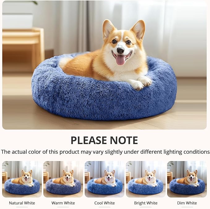 JOLLYVOGUE Calming Dog & Cat Bed for Large Dogs, Anti-Anxiety Donut Cuddler Cozy Soft Round Bed with Anti-Slip Bottom, Fluffy Faux Fur Plush Cushion Beds for Medium Dogs (36")