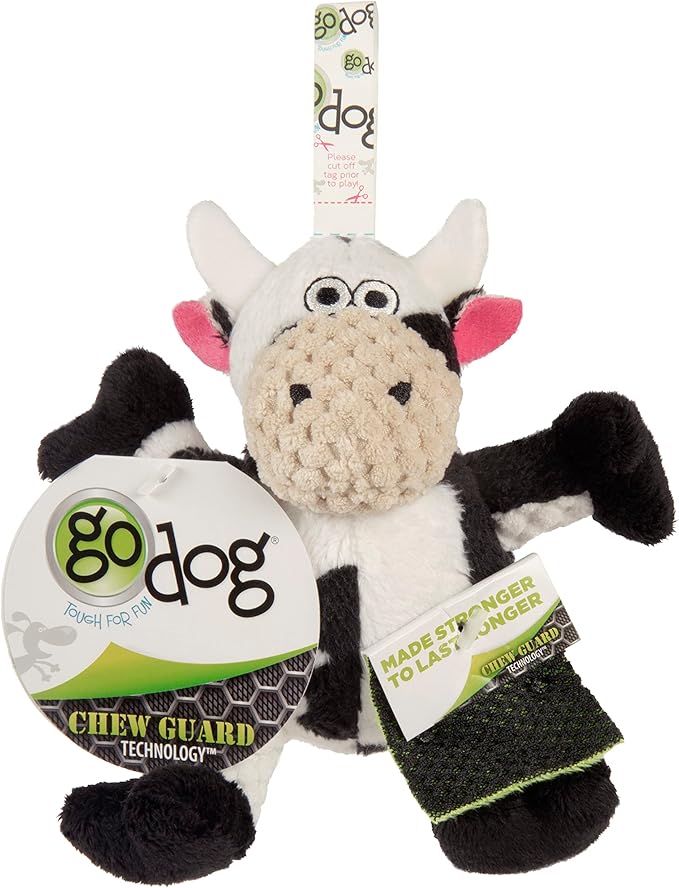 goDog Checkers Just for Me Sitting Cow Squeaky Plush Dog Toy, Chew Guard Technology - White, Mini