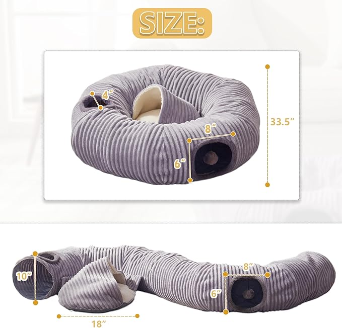 Cat Tunnel Bed for Indoor Cats - Cute Cat Donut Tunnel with Washable Circle Cushion and Blackout Tent Round Pet Play Toy for Kitten/Puppy/Rabbit, Grey