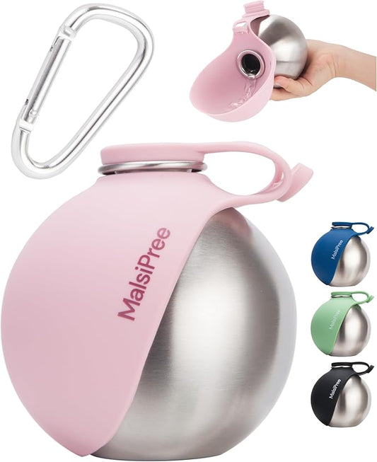 Malsipree 2-in-1 Portable Dog Water Bottle & Bowl for Small Dogs - Leak Proof & Insulating - Travel Water Dispenser - Stainless Steel Bottle & Silicone Bowl - Walking & Hiking (10 fl oz, Pink)
