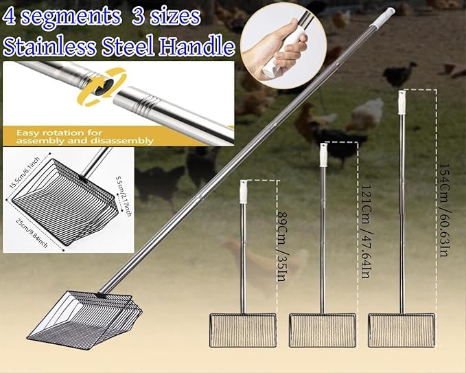 Large Metal Chicken Poop Scooper, Detachable 20 to 63 inches Long Metal Handle, Stainless Steel Chicken Coop Cleaning Tool, Heavy-Duty Pooper Sifting Shovel for Chicken Coop Accessories