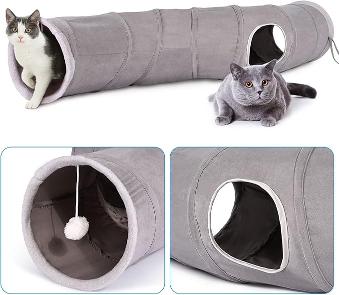 Ownpets Cat Tunnel 48 inch Long S-Shape Collapsible Cat Play Tunnel with Interactive Feather Wand Large Pet Tunnel Tube Toy for Cat Kitten Kitty Puppy Rabbit