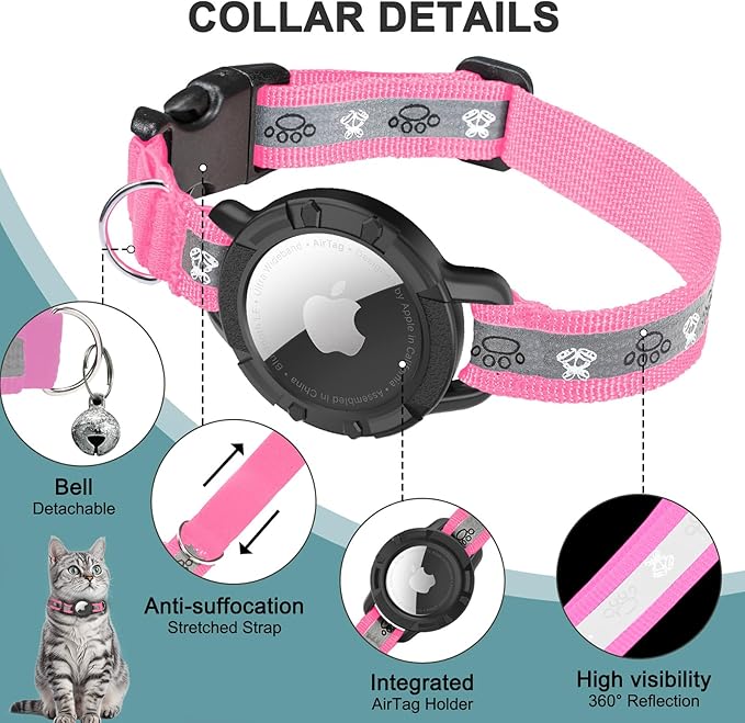 Reflective AirTag Cat Collar, Integrated Cat Tracker Collar with Air Tag Holder and Bell, Safety Elastic Band Cat GPS Collars for Girl Boy Cats, Kittens and Puppies (Hotpink,XS)