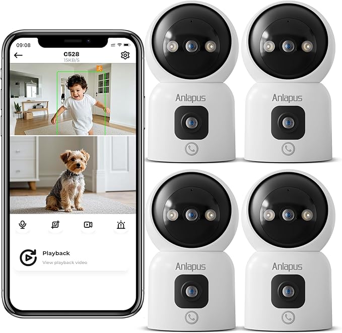 Anlapus 4 x C528 4MP Dual Lens(2MP+2MP) Indoor Security Camera, Motion Detect, Auto Track, Plug-in, 360° WiFi Pan/Tilt Camera, 2.4GHz WiFi, Two-Way Talk, Light & Siren Alert, Memory Card Not Include