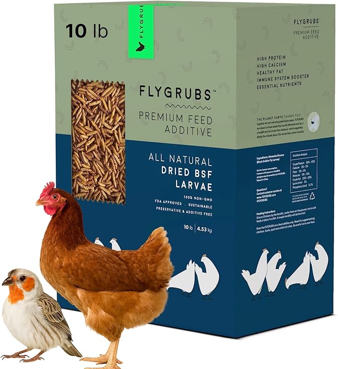 FLYGRUBS 10 lb Dried Black Soldier Fly Larvae - High Calcium Chicken Feeder - 85X More Calcium, Non-GMO Meal Worms for Wild Birds, Ducks, Turkeys, Quails, Turtles - Nutrient-Rich BSFL