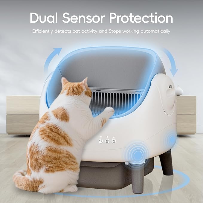 Open-Top Self Cleaning Litter Box, Automatic Litter Box with Dual Safety Sensors, Anti-Pinch Protection, Large Capacity, APP Control, White-Grey