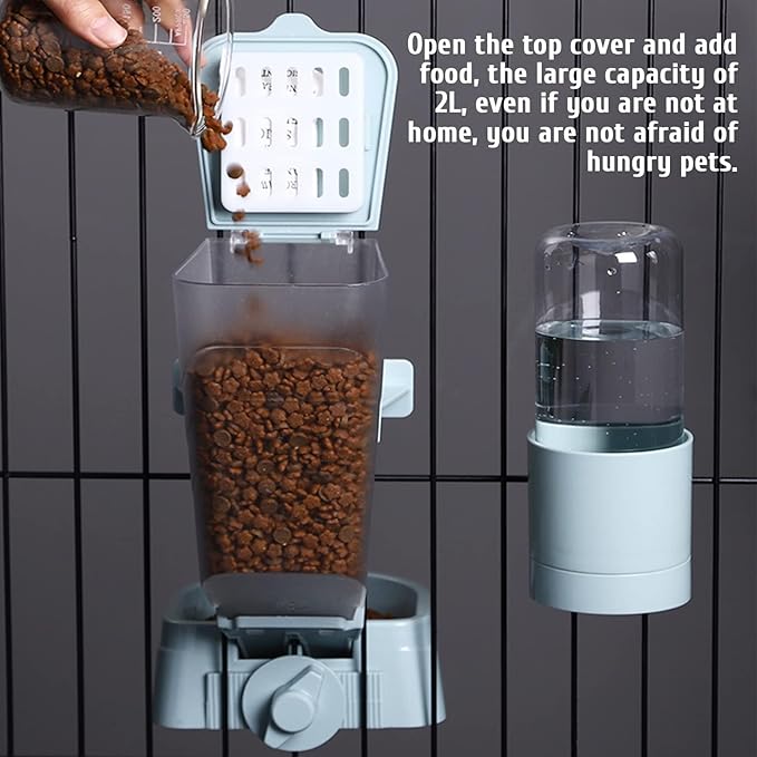 kathson Rabbit Food Water Dispenser Pet Cage Automatic Feeder 2L Food Dispenser 17oz Waterer Small Animal Hanging Bottle Bowl Set for Rabbit Cat Small Dog Ferret Puppy