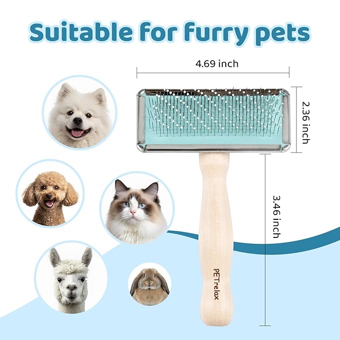 Pin Brush for Dog & Cat,Grooming Brush for Shedding, Dematting, Bath, for Long/Short Hair, Poodles, Indoor Cats, Wooden Handle, with Angled Stainless Steel Pins and Coated Tips