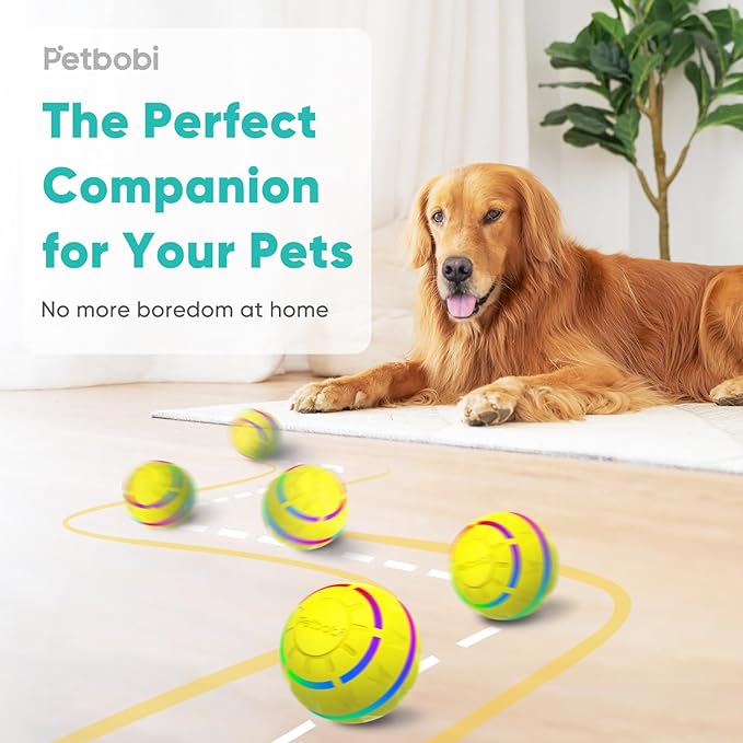 Petbobi Active Rolling Ball for Dogs - 2025 New Upgrade 2 Modes Interactive Dog Toys, USB Rechargeable Motion Activated Self Moving, Durable Pet Ball for Small Medium Large Breeds, LED Light, Yellow