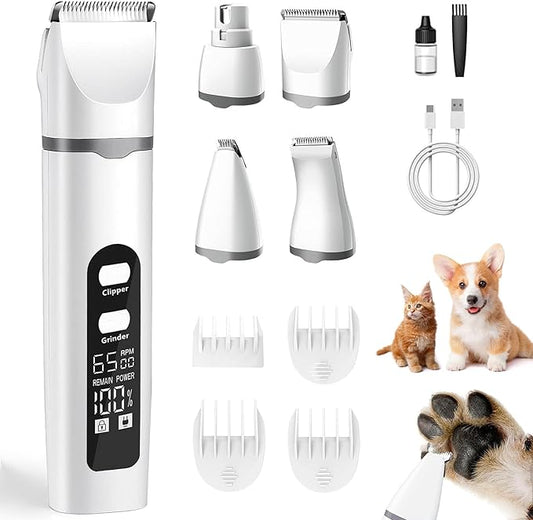 4 in 1 Dog Clippers Grooming Kit with LED Screen, Cordless Quiet Paw Trimmer & Nail Grinder, Rechargeable Waterproof Feet Ear Body Hair Shaver for Cats Dogs Pet Supplies