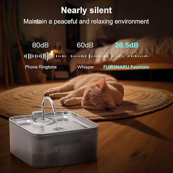 FUKUMARU Dog Water Fountain - 1.8 Gal/236oz/7L Ultra Quiet Pump (28.5dB) & 4-Stage Filter System Stainless Steel & ABS Kitty Water Fountains for Multi-Cat/Dog Homes, with 3 Filters