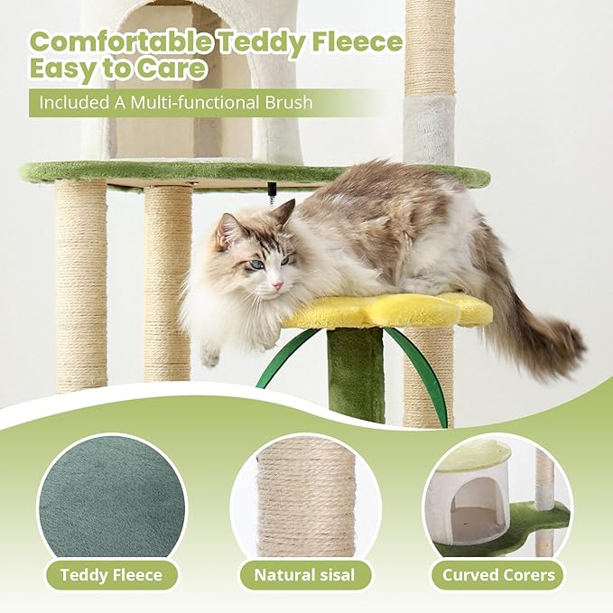 HYABi 64-Inch Cute Avocado Flower Large Tall Garden Cat Tree Tower Condo House Furniture Bed Plush Ball Activity Platform Multi-Level with Scratching Posts for Indoor Cats Play