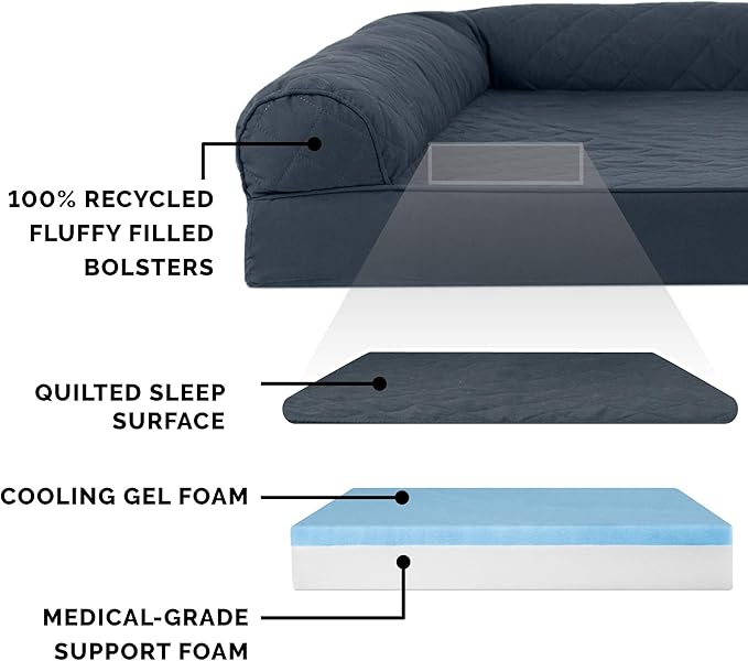 Furhaven Cooling Gel Dog Bed for Large Dogs w/ Removable Bolsters & Washable Cover, For Dogs Up to 95 lbs - Quilted Sofa - Iron Gray, Jumbo/XL