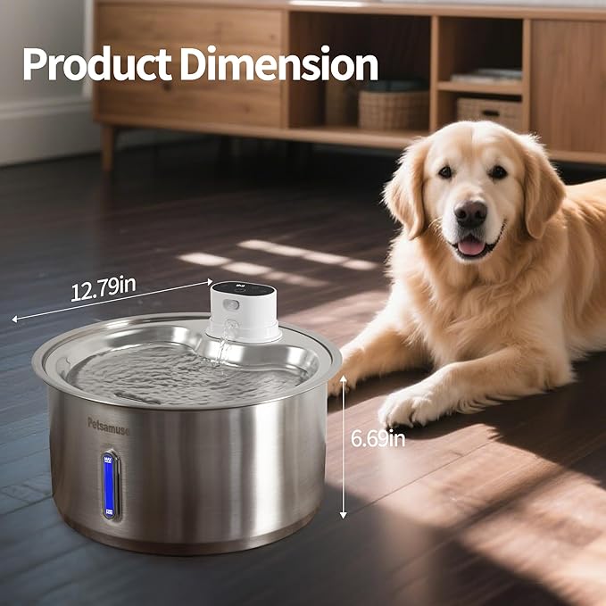 11L Wireless Smart Stainless Steel Water Fountain, Petsamuse 5000MAH Battery 2.8Gal Large Dog Water Fountain with 2 Quiet Pumps Large Dog Water Dispenser with Motion Sensor, Timer Mode & 15 Filters