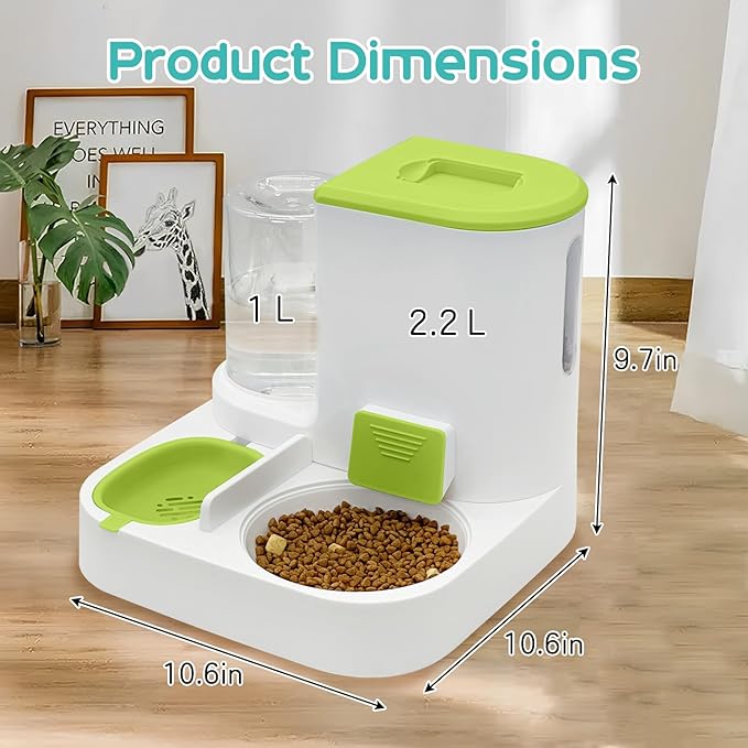 Fhiny Gravity Cat Feeder and Water Dispenser, 2 in 1 Automatic Pet Waterer Detachable Stainless Steel Food Bowls Set Pet Food Storage for Small Dog Puppy Cat Kitten Pet Easy Clean (Green)