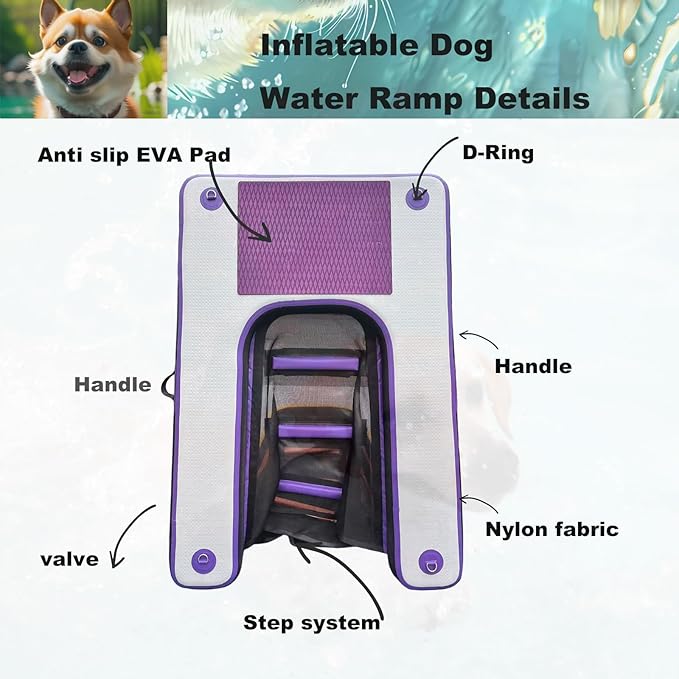 HEYLIFE Inflatable Dog Water Ramp Pool Ladder for Boats Docks Raft Swimming Pools Pet Stairs Floating Sports Platform Bpurple 4.9ft x 3ft x 4in