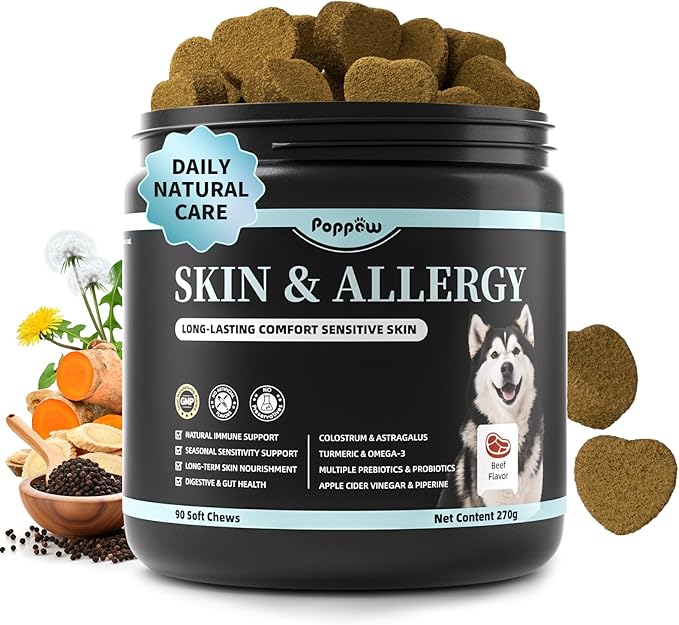 Dog Skin & Allergy Chews - Dog Probiotics for Sensitive Skin Health Support - Allergy Relief - Support Seasonal Allergies, Immune & Gut & Digestive Health Supplement - Beef Flavor - 90 Count