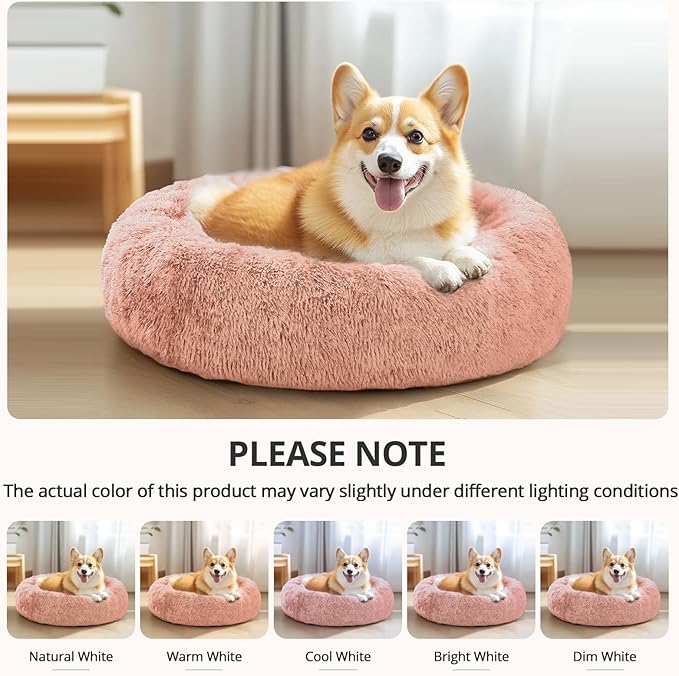 JOLLYVOGUE Calming Dog & Cat Bed for Small Dogs, Anti-Anxiety Donut Cuddler Cozy Soft Round Bed with Anti-Slip Bottom, Fluffy Faux Fur Plush Cushion Beds for Small Medium Pets (23")