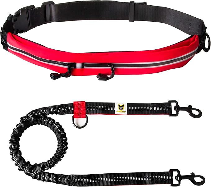 Hundefreund Hands Free Dog Leash for Medium and Large Dogs (30-150lbs) - Dual Handle Waist Leash for Running, Walking and Hiking with Adjustable Zipper Waist Belt and Reflective Elastic Bungee (Red)