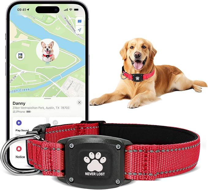 GPS Dog Collar Tracker 2-in-1,Reflective Waterproof Adjustable Pet Collar,iOS-Only,Ideal for Dog Tracking pet Tracker,for Small to Large Dogs,Real-Time Tracking,No Monthly Fees(Red,Small)