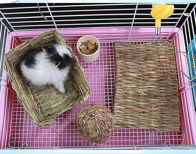 Grass Mat Woven Bed Mat for Small Animal Bunny Bedding Nest Chew Toy Bed Play Toy for Guinea Pig Parrot Rabbit Hamster Rat(Pack of 3)