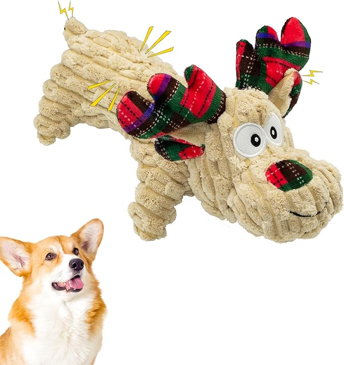 Dog Toys Squeaky Interactive Puppy Teething Chew Toy Stuffed PP Cotton Crinkle Sound Paper Tail,Deer Shape for Large Medium Small Breeds Indoor Outdoor Play