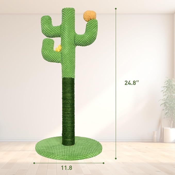 Kitten Cat Scratch Post - 25'' Cactus Scratching Posts with Sisal Cats Claw Scratcher Scratching Posts for Indoor Cats Adults，Vertical Green Cat Tree with Flower for Kitten
