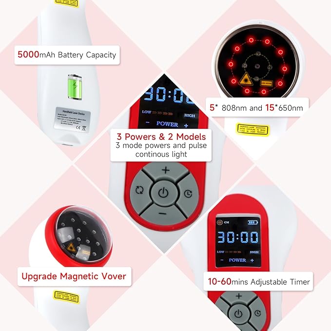 Handheld Red Light Therapy Device for Dogs and Man, LLLT Laser Light Therapy for Pets Pain Relief, Joint Muscle Knee Wrist Ankle, 5000mAh Large Capacity Rechargeable with 5 * 808nm & 10 * 650nm