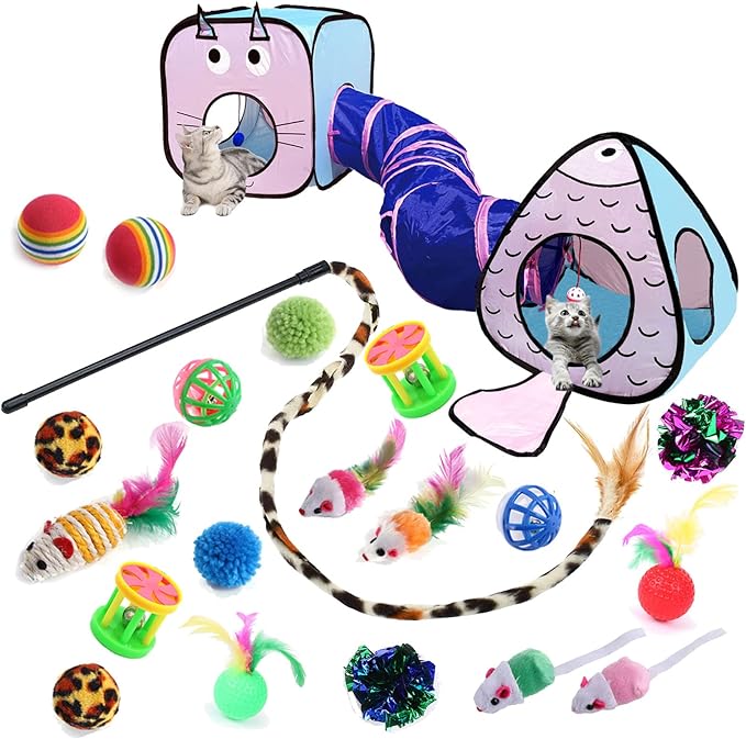 GONPET Set for Indoor Cats: 23 PCS Kitten Toys, Incl. Collapsible Pet Tunnel, Interactive Cat Teaser Wand & Balls