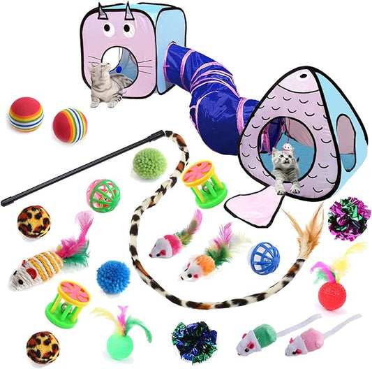 GONPET Set for Indoor Cats: 23 PCS Kitten Toys, Incl. Collapsible Pet Tunnel, Interactive Cat Teaser Wand & Balls